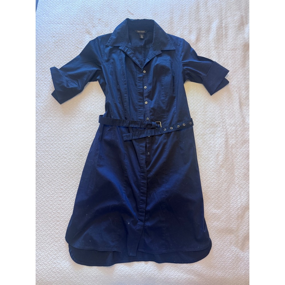 White House Black Market Navy Blue Belted Shirt Dress Size 6 Midi Short Sleeve